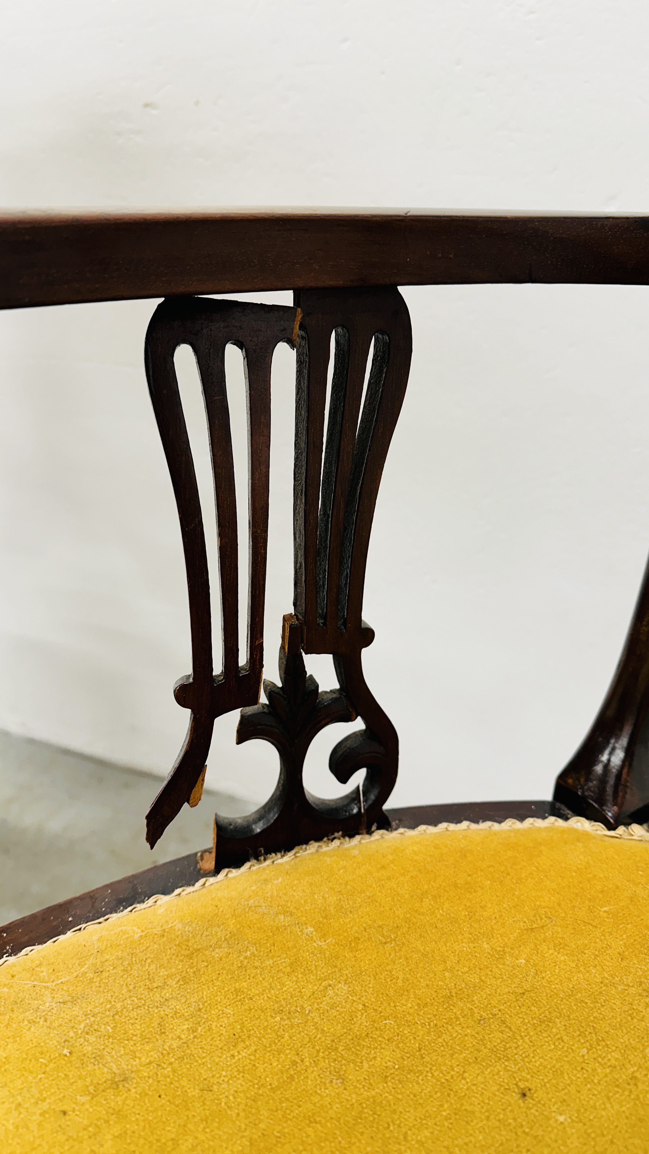 TWO ANTIQUE MAHOGANY SIDE CHAIRS WITH YELLOW UPHOLSTERED SEATS AND BACKS INCLUDING ELBOW WITH - Image 9 of 11