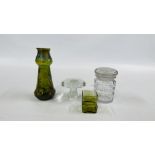 4 PIECES OF GLASSWARE TO INCLUDE ART NOUVEAU GREEN GLASS VASE ETC.