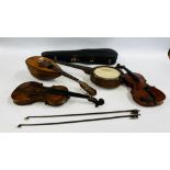 A VINTAGE ITALIAN MANDOLIN, TWO VIOLINS, BANJO AND A VIOLIN CASE A/F.