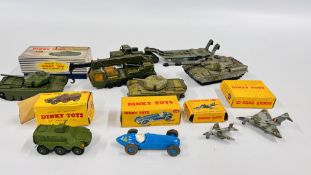 A GROUP OF VINTAGE DINKY DIE-CAST MILITARY VEHICLES TO INCLUDE A CHEFTAIN TANK, CENTURION TANK,