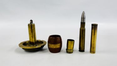 A BRASS RIFLE OIL BOTTLE MARKED EFD FOR ENFIELD, 2 TRENCH ART LIGHTERS AND A JUTLAND TEAK BARREL.