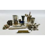 A TUB OF COLLECTIBLES TO INCLUDE PEWTER TANKARD, ENAMELED DISH, SILVER BEAKER,