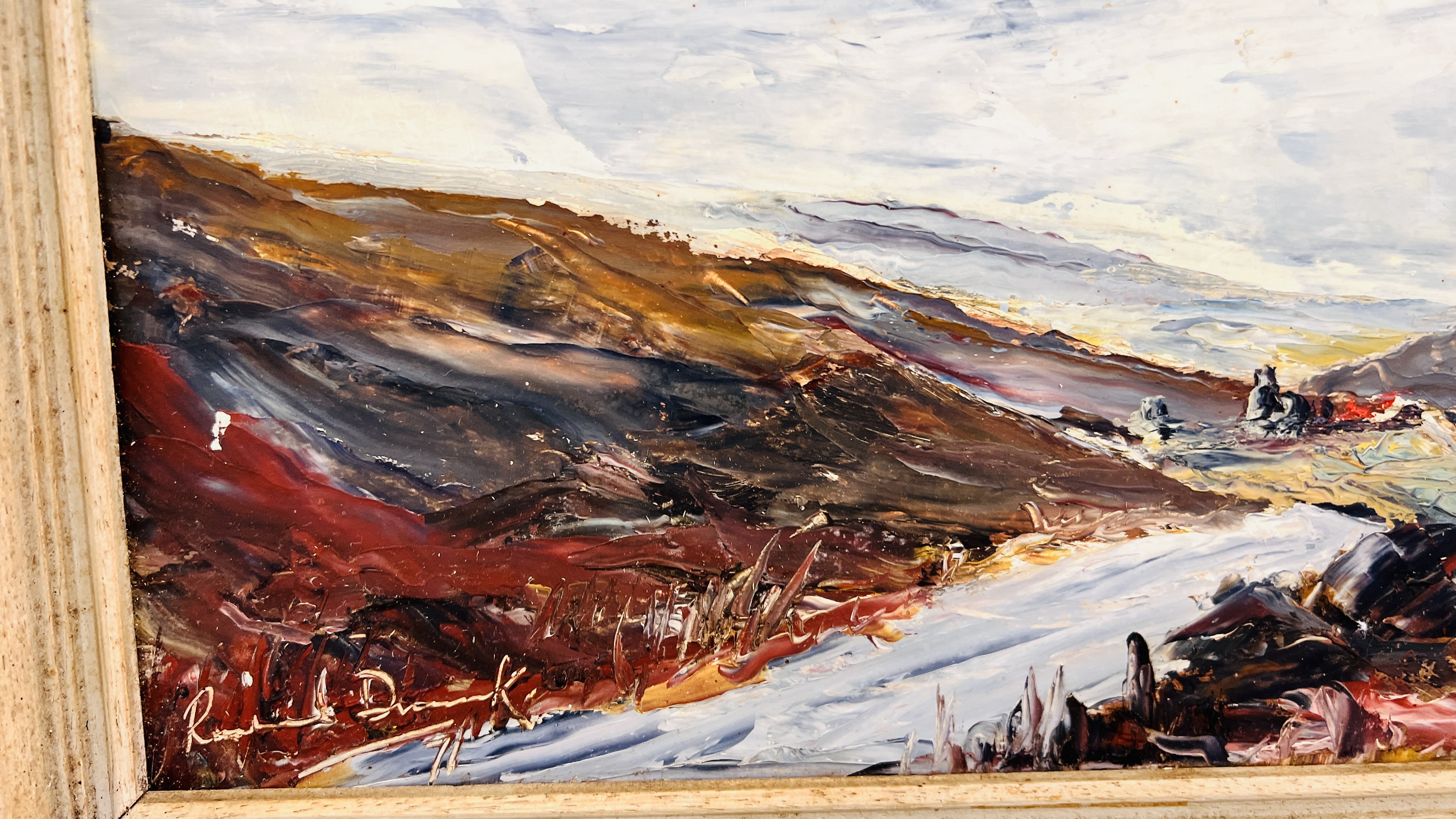 OIL ON BOARD POST WAR OF YORKSHIRE MOORS SCENE BEARING SIGNATURE RICHARD DIMMOCK 36CM X 27CM. - Image 6 of 8