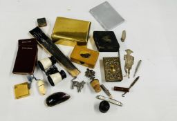 A TRAY OF COLLECTIBLES TO INCLUDE LIGHTERS, NELSON BOOKMARK, BOXES, CIGARETTE CASE, OPERA GLASSES,