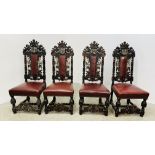 A SET OF 4 OAK FRAMED DINING CHAIRS WITH HEAVILY CARVED DETAIL BEARING CREST AND TWO KNIGHTS,