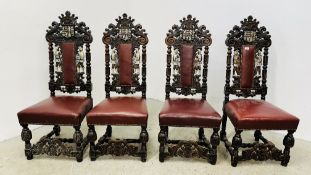 A SET OF 4 OAK FRAMED DINING CHAIRS WITH HEAVILY CARVED DETAIL BEARING CREST AND TWO KNIGHTS,