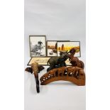 A GROUP OF HARDWOOD AND RESIN ELEPHANT FIGURES AND GROUP OF 5 PRINTS AND SILK PAINTINGS OF EASTERN