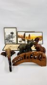 A GROUP OF HARDWOOD AND RESIN ELEPHANT FIGURES AND GROUP OF 5 PRINTS AND SILK PAINTINGS OF EASTERN