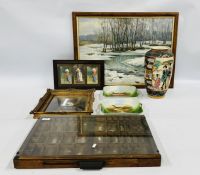 A WALL MOUNT COLLECTORS CABINET W 56CM, H 37CM, GILT FRAMED OIL PAINTING,