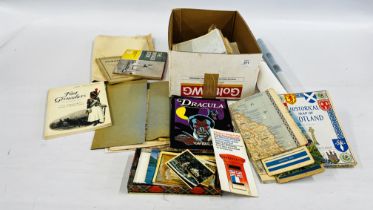 A BOX OF ASSORTED EPHEMERA TO INCLUDE VINTAGE MAPS,