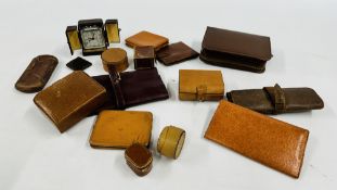 A QUANTITY OF LEATHER GOODS TO INCLUDE CIGAR CASES, JEWELLERY ROLLS & DECO TRAVEL CLOCK,