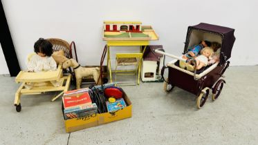 AN EXTENSIVE COLLECTION OF VINTAGE TOYS AND GAMES TO INCLUDE COACH BUILT DOLLS PRAM, DOLLS HOUSE,