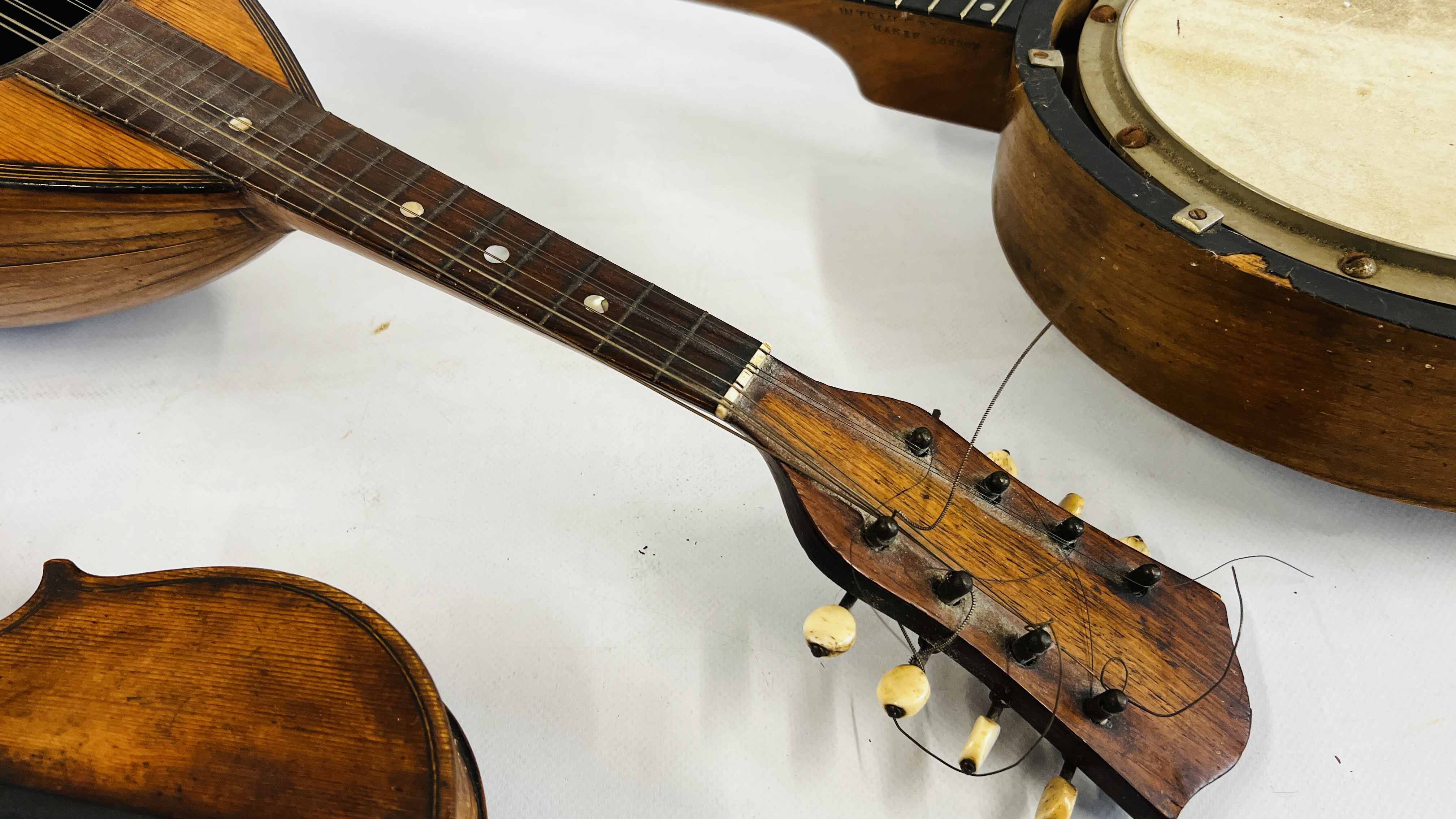 A VINTAGE ITALIAN MANDOLIN, TWO VIOLINS, BANJO AND A VIOLIN CASE A/F. - Image 5 of 15