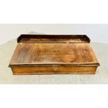 ANTIQUE PINE TABLE TOP WRITING SLOPE WITH HINGED TOP.