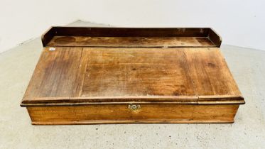 ANTIQUE PINE TABLE TOP WRITING SLOPE WITH HINGED TOP.