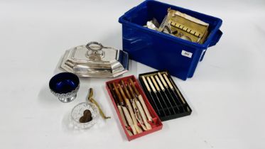 A BOX OF ASSORTED PLATED FLATWARE, PLATED TUREEN AND COVER.