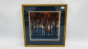 A MODERN FRAMED EMBROIDERY "WINTER SUNSET" PAINTED ON SILK WITH FREE MACHINE EMBROIDERY SIGNED BY