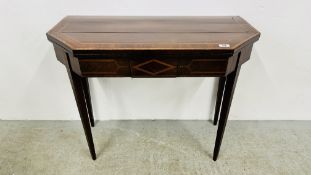 MAHOGANY FOLDING TOP CARD TABLE STANDING ON SQUARE TAPERED LEGS, W 92CM, D 46CM, H 75CM.