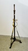 ANTIQUE ADJUSTABLE BRASS OIL LAMP STAND WITH TWISTED SUPPORTS (WIRE REMOVED).