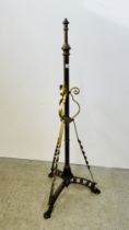 ANTIQUE ADJUSTABLE BRASS OIL LAMP STAND WITH TWISTED SUPPORTS (WIRE REMOVED).