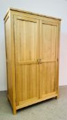 SOLID LIGHT OAK MODERN DOUBLE WARDROBE - W 117CM, D 61CM, H 195CM.