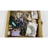 A LARGE BOX OF COSTUME JEWELLERY TO INCLUDE NECKLACES, BROOCHES, SETS, BANGLES, WATCHES ETC.