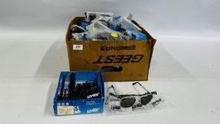 11 BOXES OF UVEX SAFETY GLASSES + APPROX 25 LOOSE PAIRS.