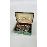 A VINTAGE JEWELLERY BOX WITH MOSAIC BRACELET, BROOCHES, NECKLACES AND A MARCASITE WATCH.