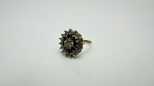 A 9CT GOLD SAPPHIRE AND DIAMOND SET CLUSTER RING SIZE S/T.