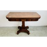 ANTIQUE MAHOGANY FOLDING CARD TABLE ON SINGLE PEDESTAL BASE.