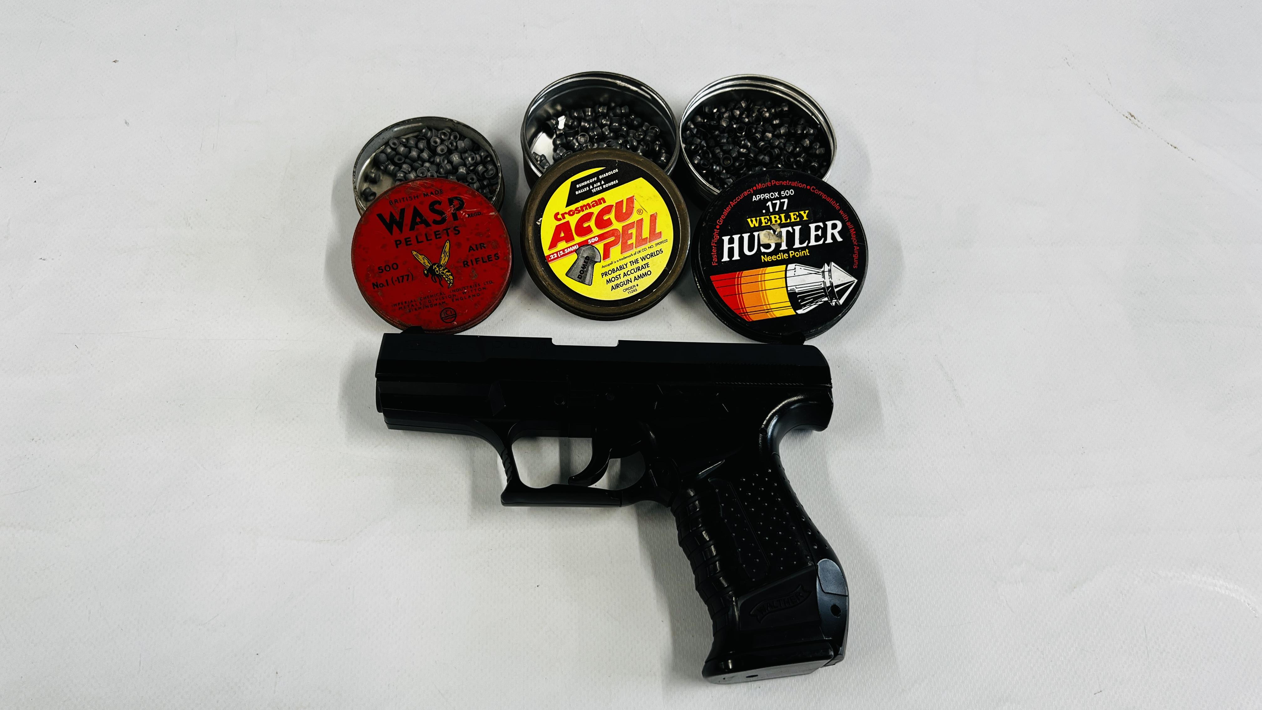 WALTHER P990 BB AIR PISTOL PLUS THREE VARIOUS PART TINS OF AIR RIFLE PELLETS - TO BE COLLECTED IN