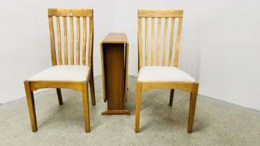 PAIR OF UPHOLSTERED SEATED BEECH WOOD DINING CHAIRS ALONG WITH A DROP FLAP LAMINATE TOPPED DINING