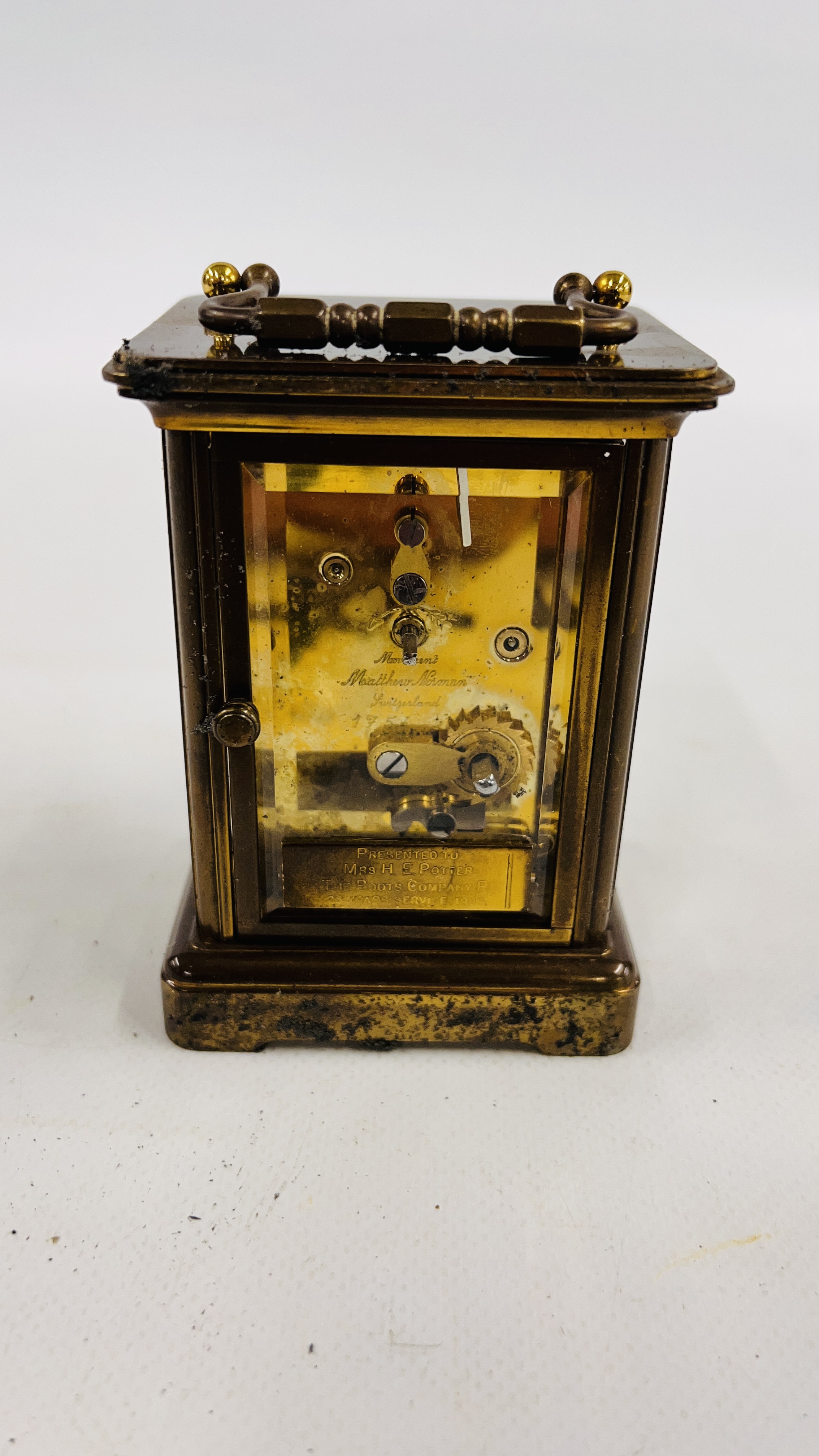 A MATTHEW NORMAN BRASS CASED CARRIAGE CLOCK WITH ORIGINAL BOX. - Image 6 of 9