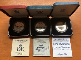 COINS: UK SILVER PROOF CROWNS, 1981, 1990, 1993 ALL IN CASES (3).