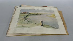 A FOLIO OF ARTWORK MANY EXAMPLES BY R. ROWE TO INCLUDE FASHION, PORTRAITS, COASTAL SCENE ETC.