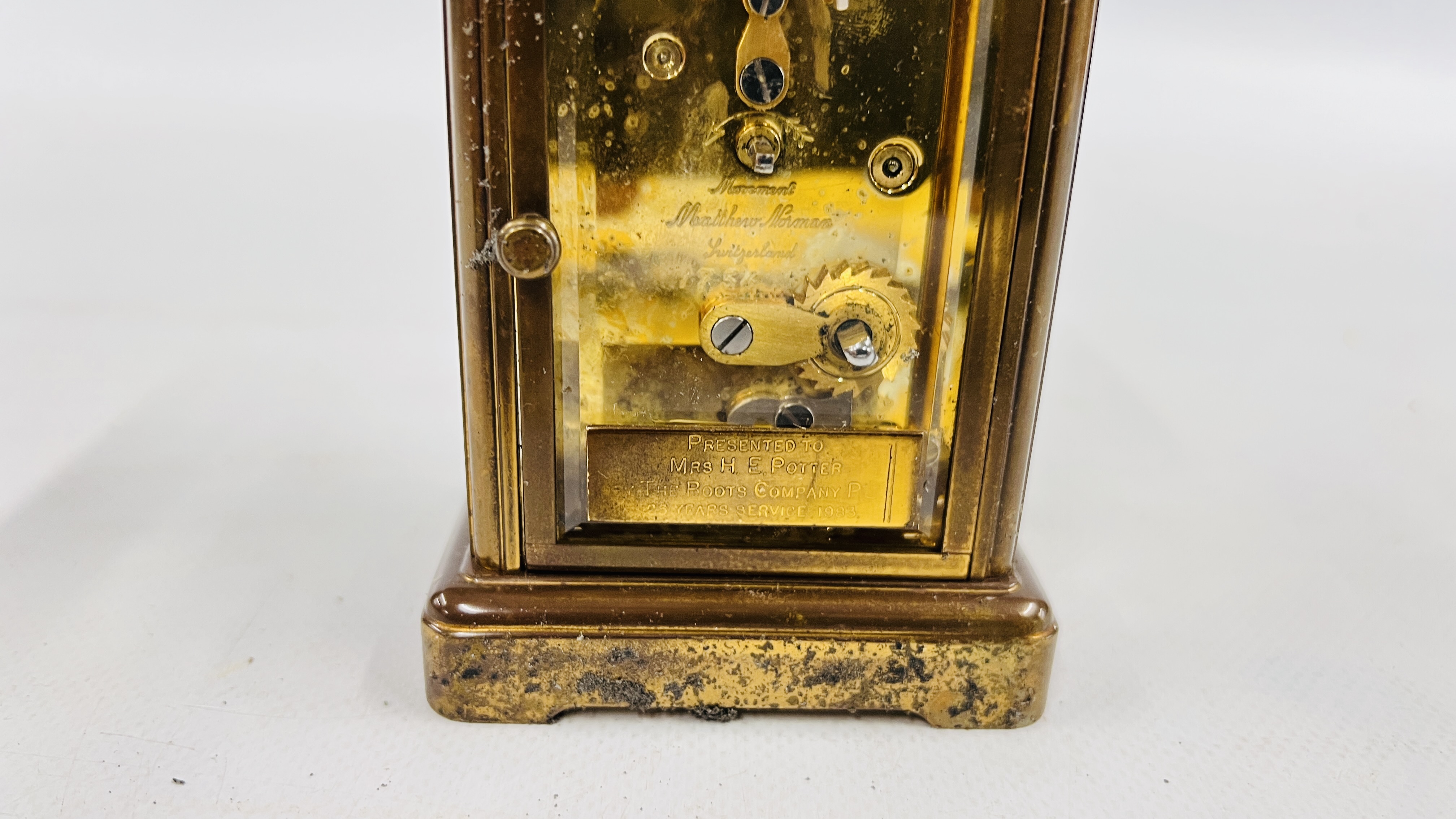 A MATTHEW NORMAN BRASS CASED CARRIAGE CLOCK WITH ORIGINAL BOX. - Image 7 of 9