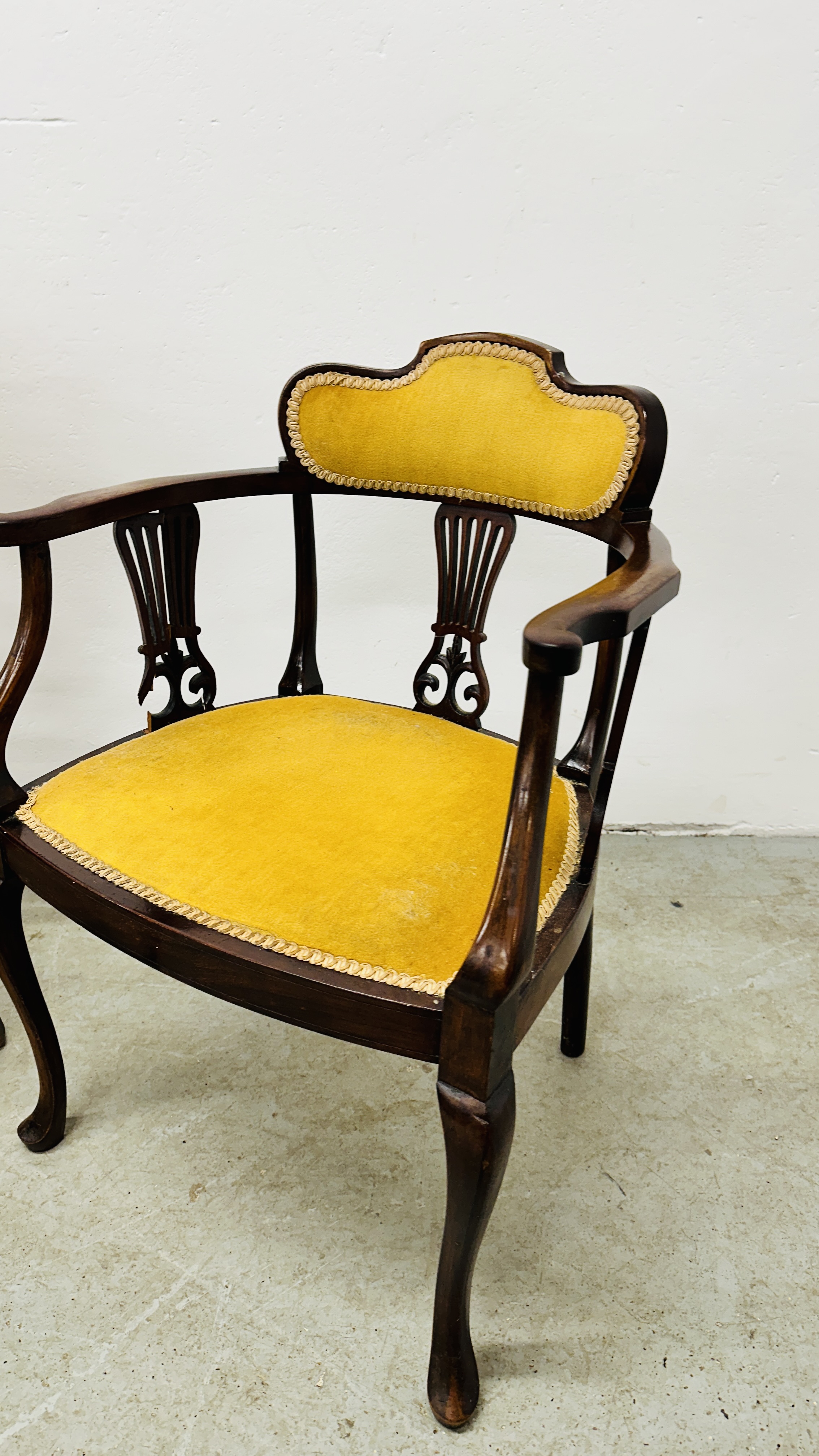 TWO ANTIQUE MAHOGANY SIDE CHAIRS WITH YELLOW UPHOLSTERED SEATS AND BACKS INCLUDING ELBOW WITH - Image 8 of 11