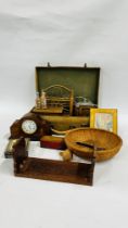A VINTAGE SUITCASE AND CONTENTS TO INCLUDE VARIOUS COLLECTIBLES, BAMBOO LETTER RACK,