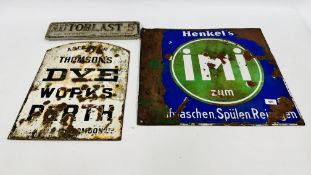 3 X VINTAGE SIGNS TO INCLUDE HENKEL'S IMI ENAMEL SIGN, W 54.5 X H 49.