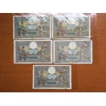 BANKNOTES: FRANCE 100 FRANCS, FIVE EXAMPLES, DATED BETWEEN 1908 AND 1919,