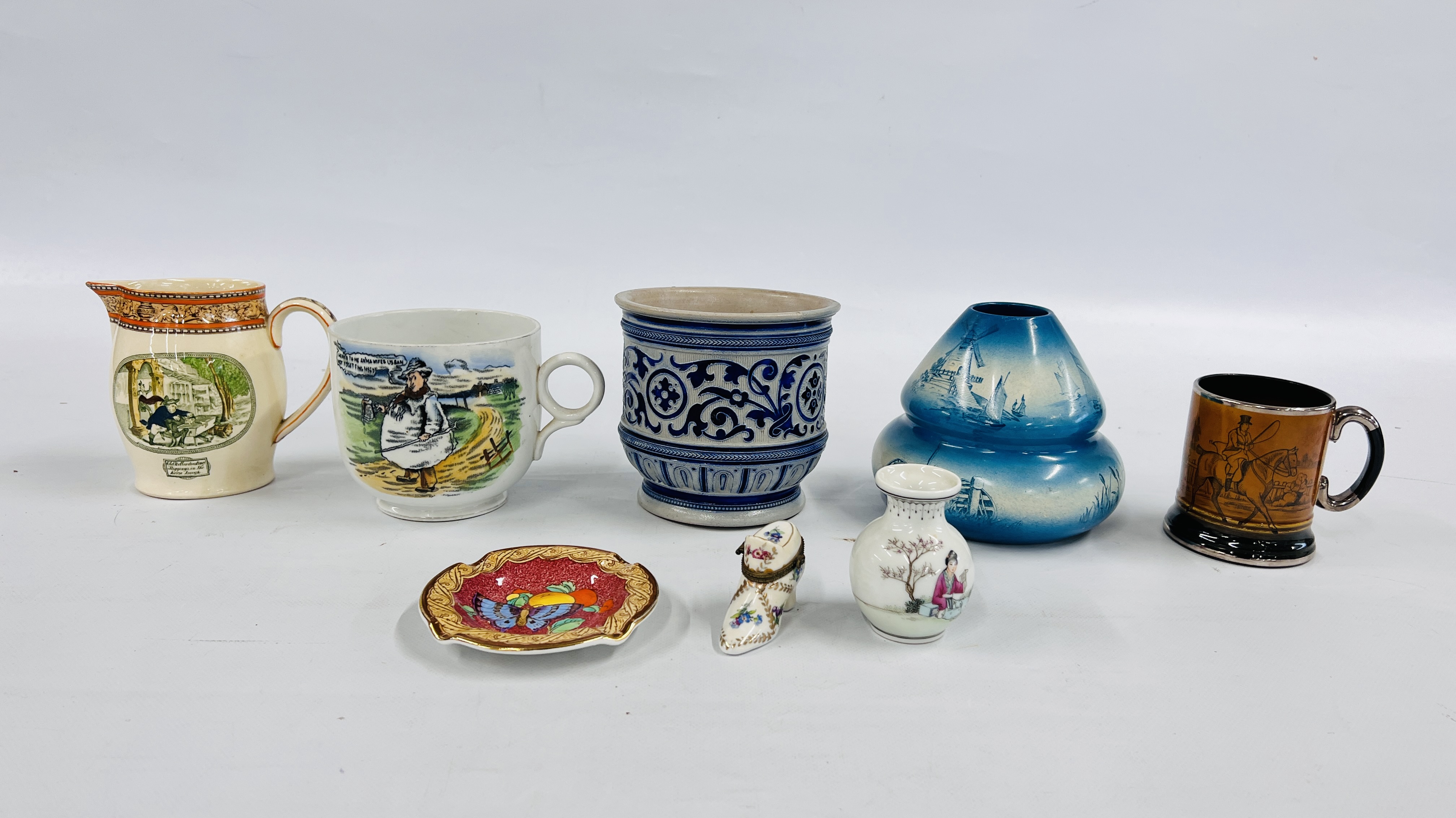 A GROUP OF VINTAGE CERAMICS TO INCLUDE AN ADAMS DICKENS JUG, TYKE MUG, SMALL ORIENTAL VASE,