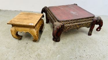 LARGE HARDWOOD EASTERN STYLE STOOL WITH ELEPHANT SUPPORT AND CARVED DETAIL ALONG WITH 1 FURTHER