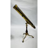 A VINTAGE STYLE BRASS TELESCOPE ON A SINGLE PEDESTAL TRIPOD BASE MARKED BURKE & JONES BRISTOL No.