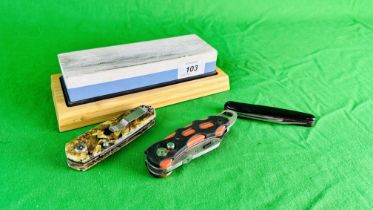 GROUP OF THREE FOLDING POCKET KNIVES AND SHARPENING BLOCK - NO POSTAGE OR PACKING AVAILABLE