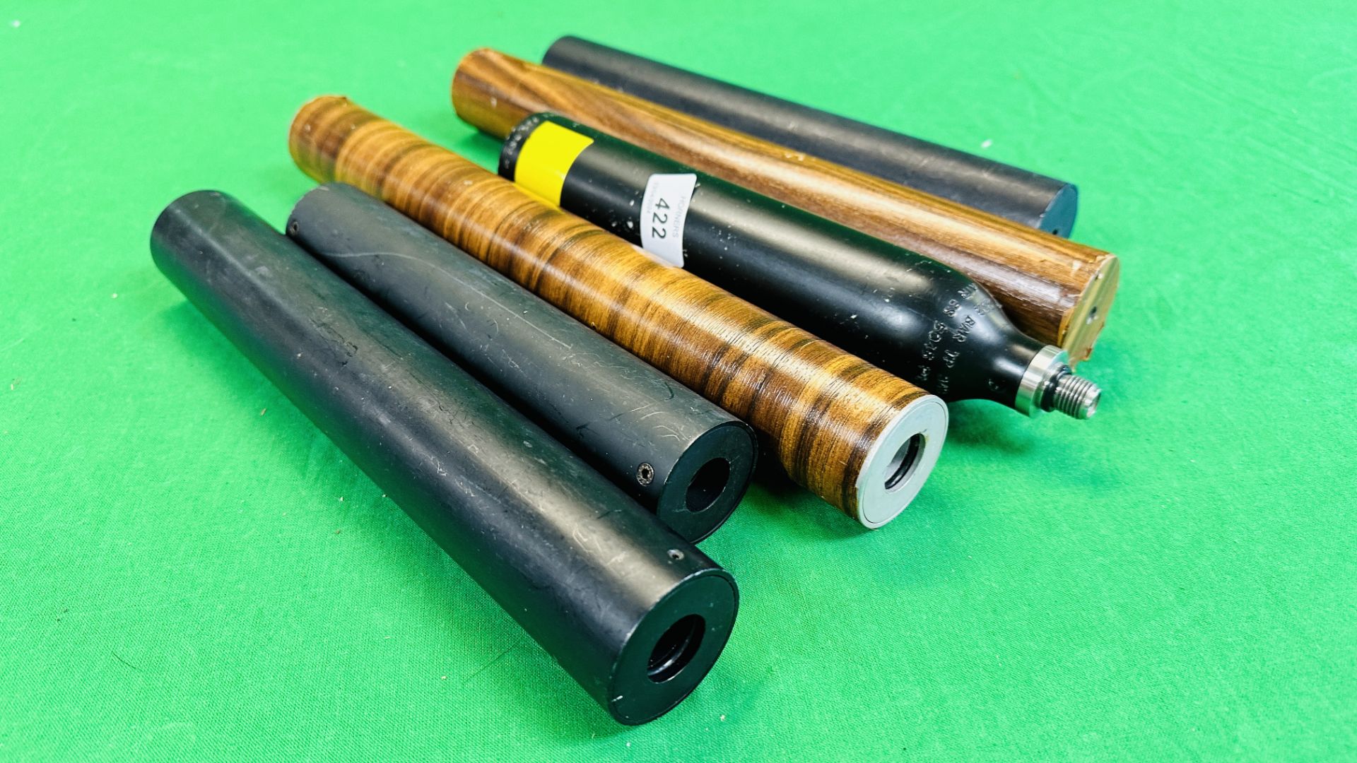 A PCP AIR CYLINDER BELIEVED TO FIT A RAPID 7 + FIVE VARIOUS AIR RIFLES SILENCERS TO INCLUDE .