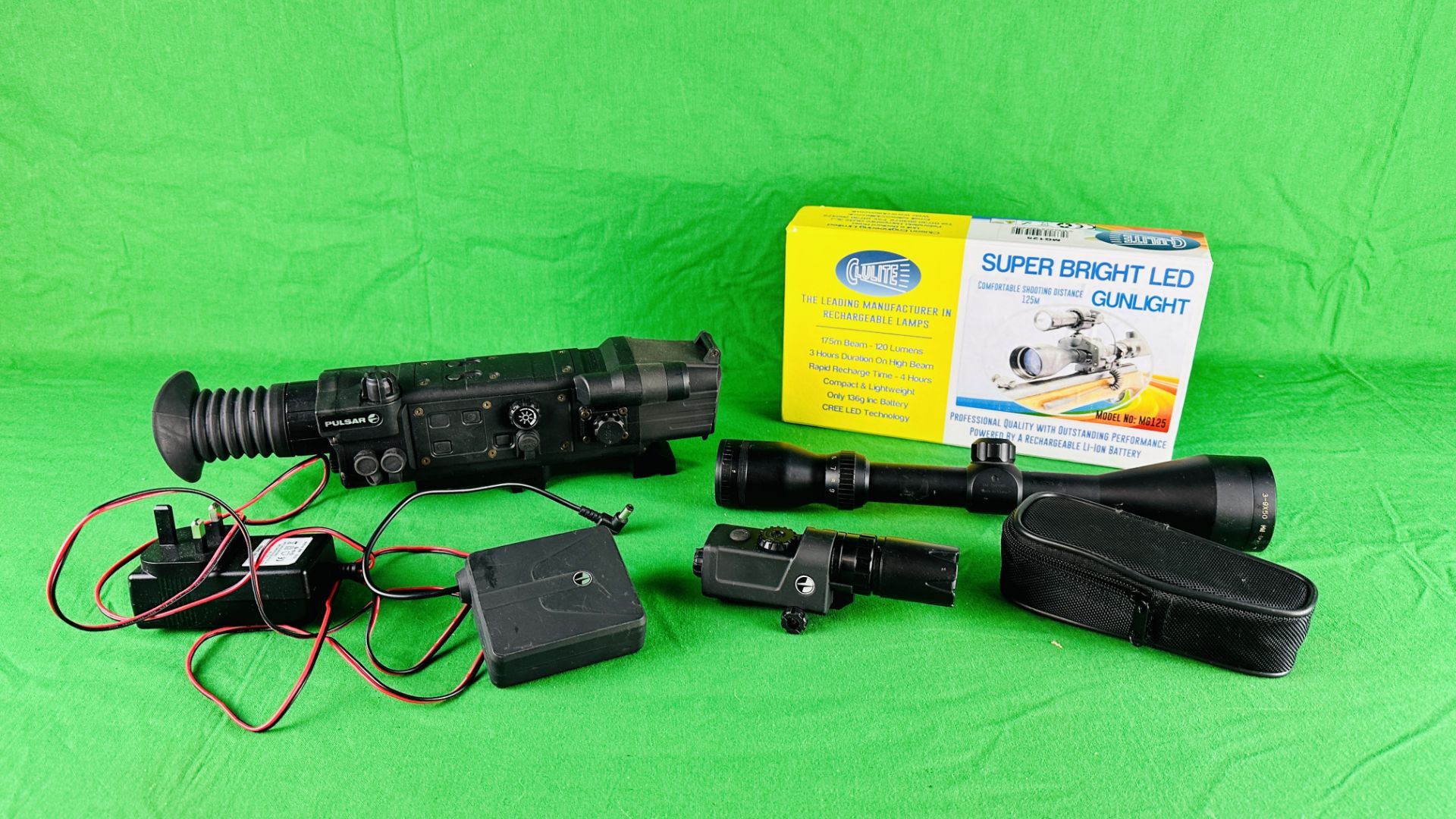 PULSAR DIGISIGHT RIFLE SCOPE, N550, BATTERY, CHARGER, PULSAR IR FLASHLIGHT L-808 - UNTESTED,