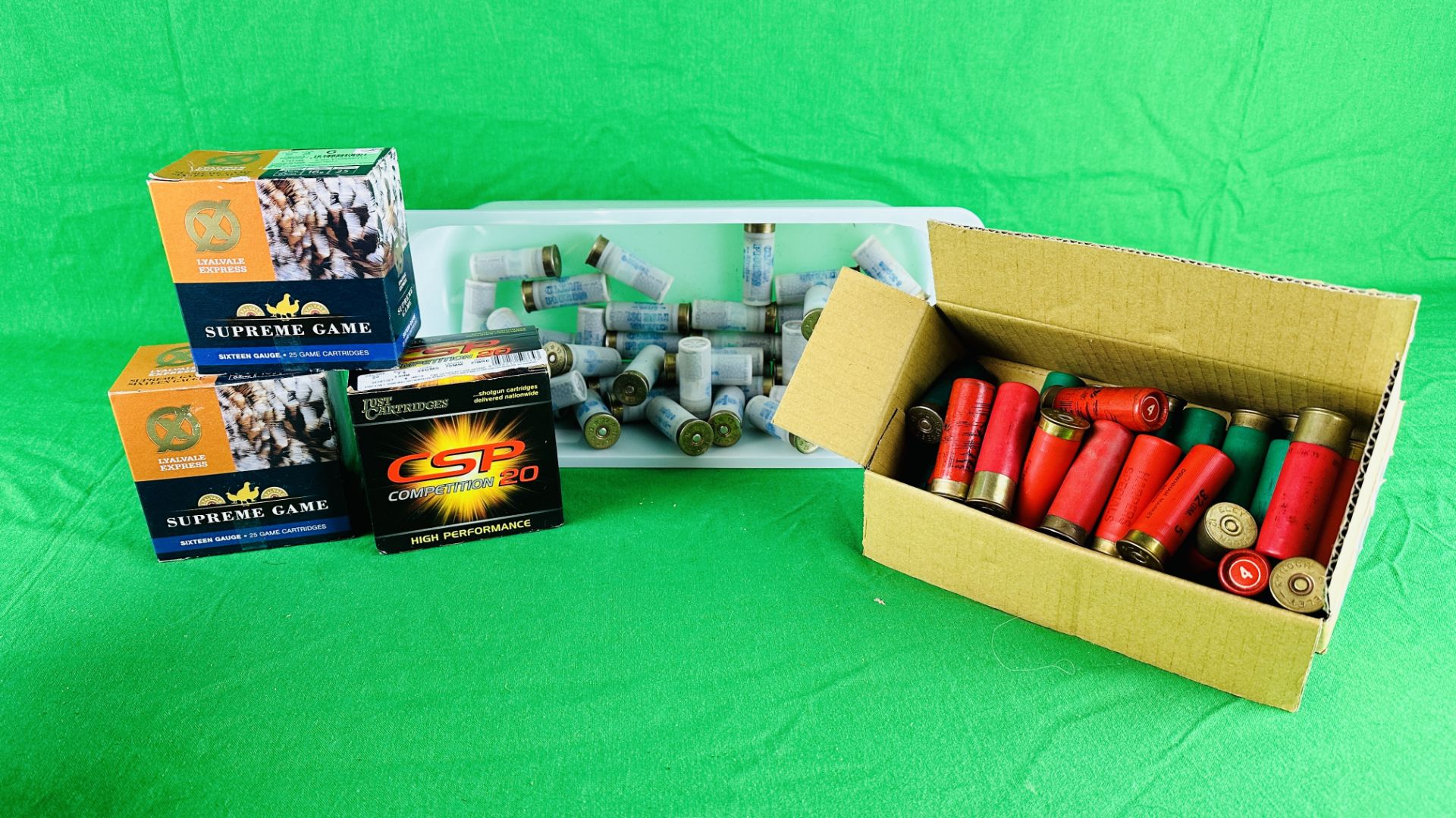 A QUANTITY OF MIXED CARTRIDGES INCLUDING 50X LYVALE 16 GAUGE 28GM 6 SHOT, 25 CSP 20 GAUGE 24GM 7.