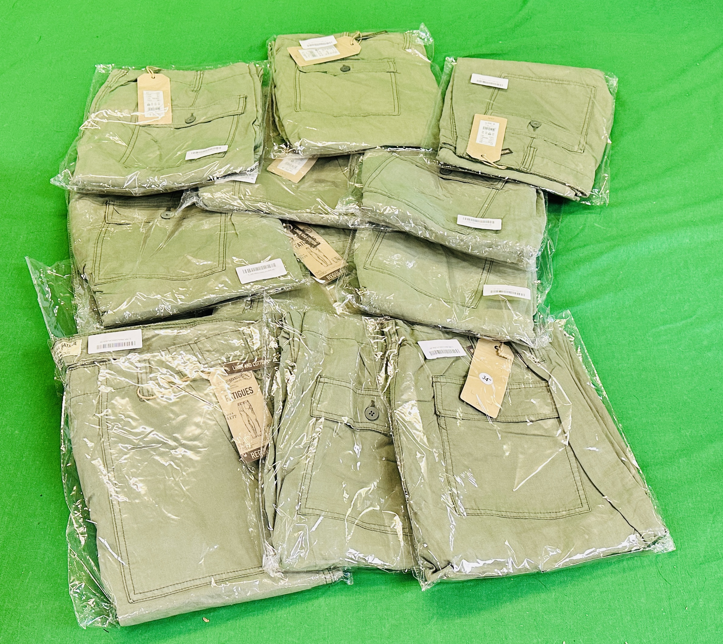 12 PAIRS OF OLIVE GREEN FATIGUES CHINO'S - VARIOUS SIZES 33" - 42"