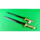TWO BRASS HANDLED PARIS GUARD SWORDS ONE DATED 1832 PIHET FRERES CHATELLERAULT 2967 - NO POSTAGE OR