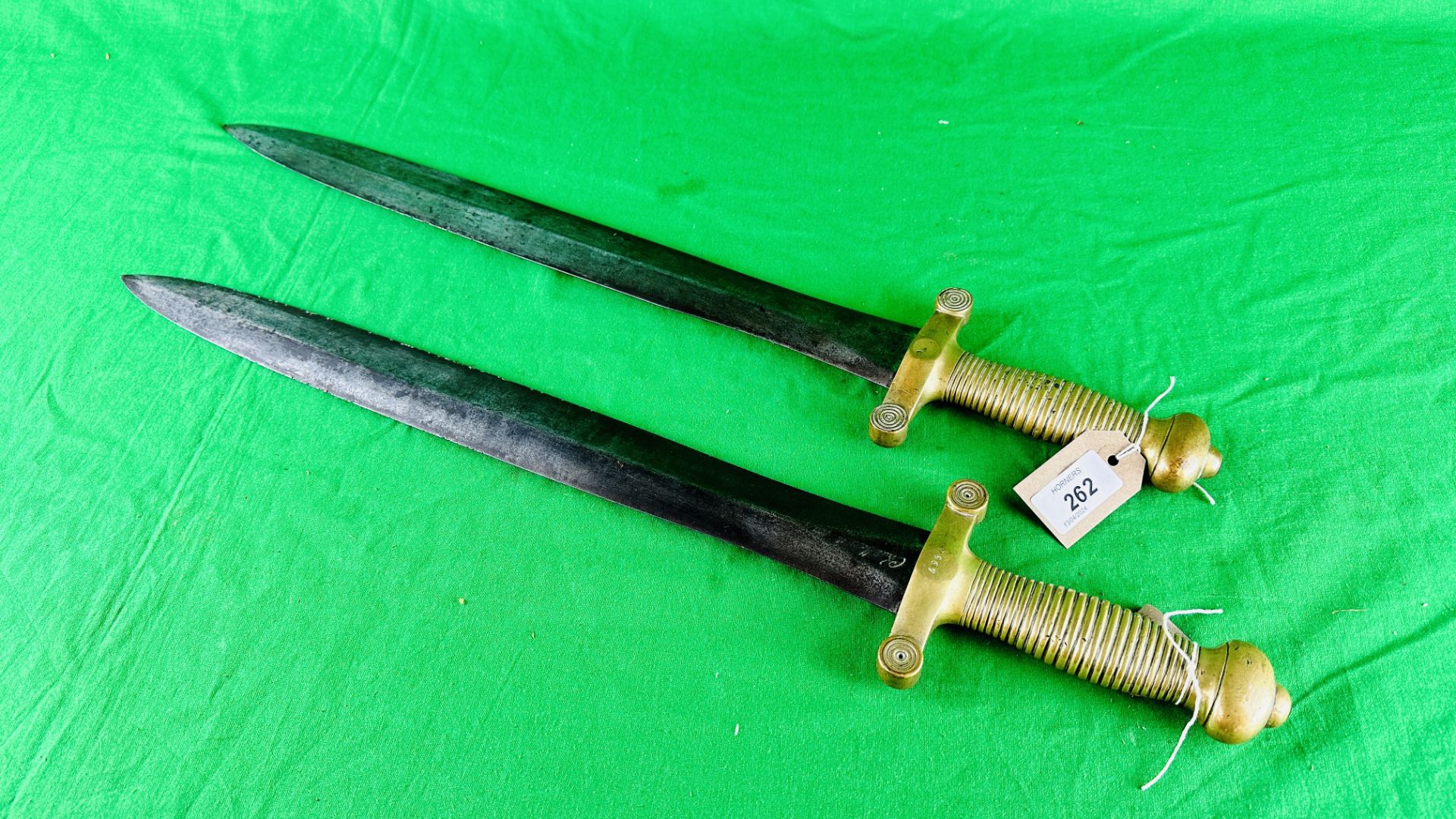 TWO BRASS HANDLED PARIS GUARD SWORDS ONE DATED 1832 PIHET FRERES CHATELLERAULT 2967 - NO POSTAGE OR